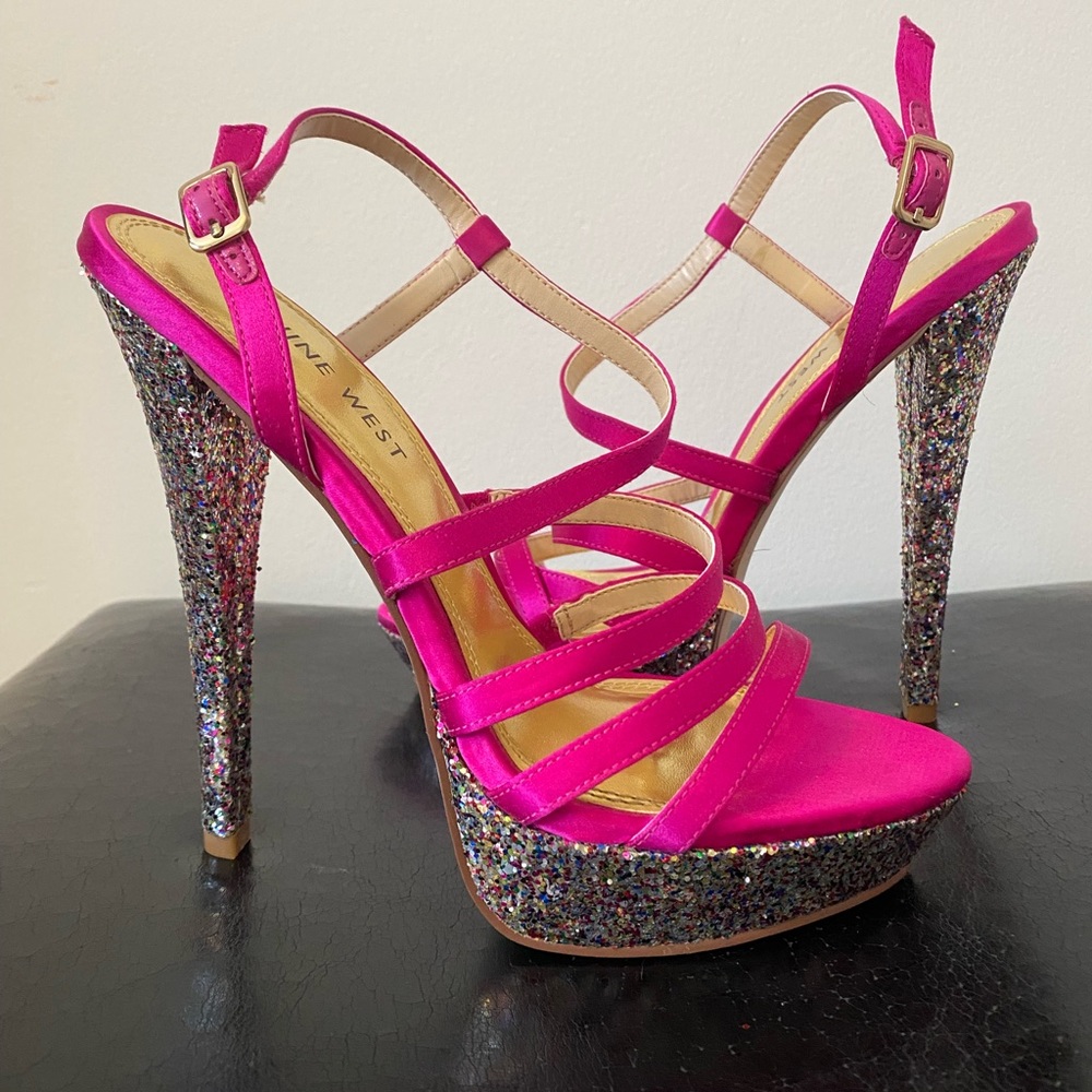 Nine West Warm Candy Pink Sparkle Heel Sandal - Size 7M